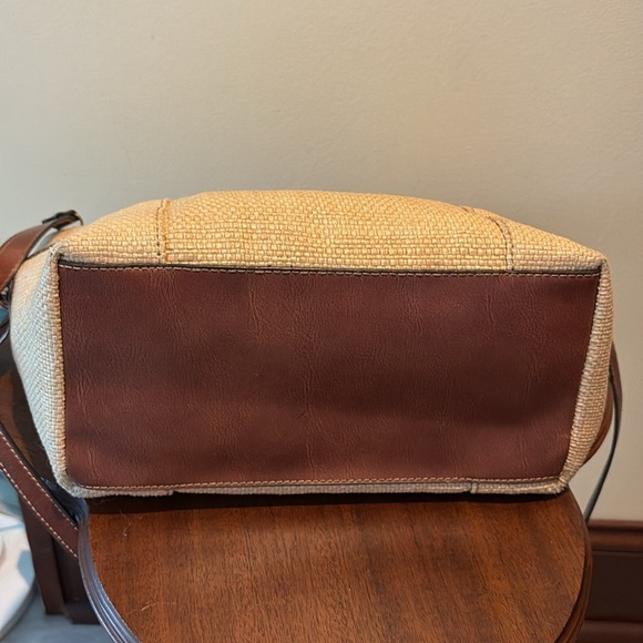 Fossil  straw satchel  Crossbody bag embroidered/beads tan/brown leather trim - Picture 13 of 17